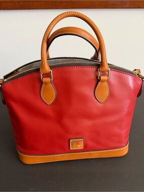 Dooney & Bourke Red Leather Satchel with Tan Trim & Handles